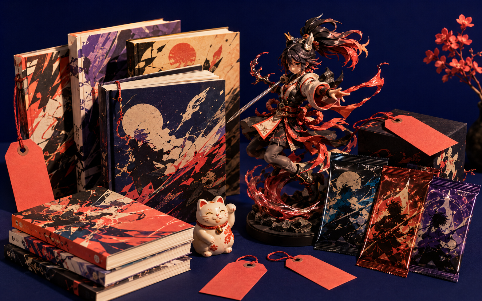 Mangas, figurine et cartes de collection sur un fond indigo